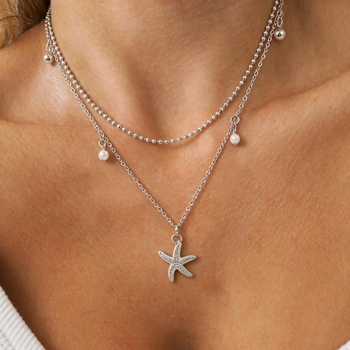Starfish Shell Necklace for Women,14k Gold Plated Silver Layered SeaShell Pearl Pendant Charm Necklaces Dainty Non Tarnish Adjustable Waterproof Beaded Necklace Stack Jewelry for Summer Beach Vacation (Silver Starfish Necklace)