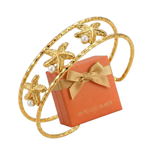 MystiGlimmer Starfish Open Cuff Bracelet for Women 18K Gold Plated Stainless Steel, Adjustable Ocean-Inspired Arm Cuff, Waterproof, Hypoallergenic Beach Jewelry Gift (3 Starfish)