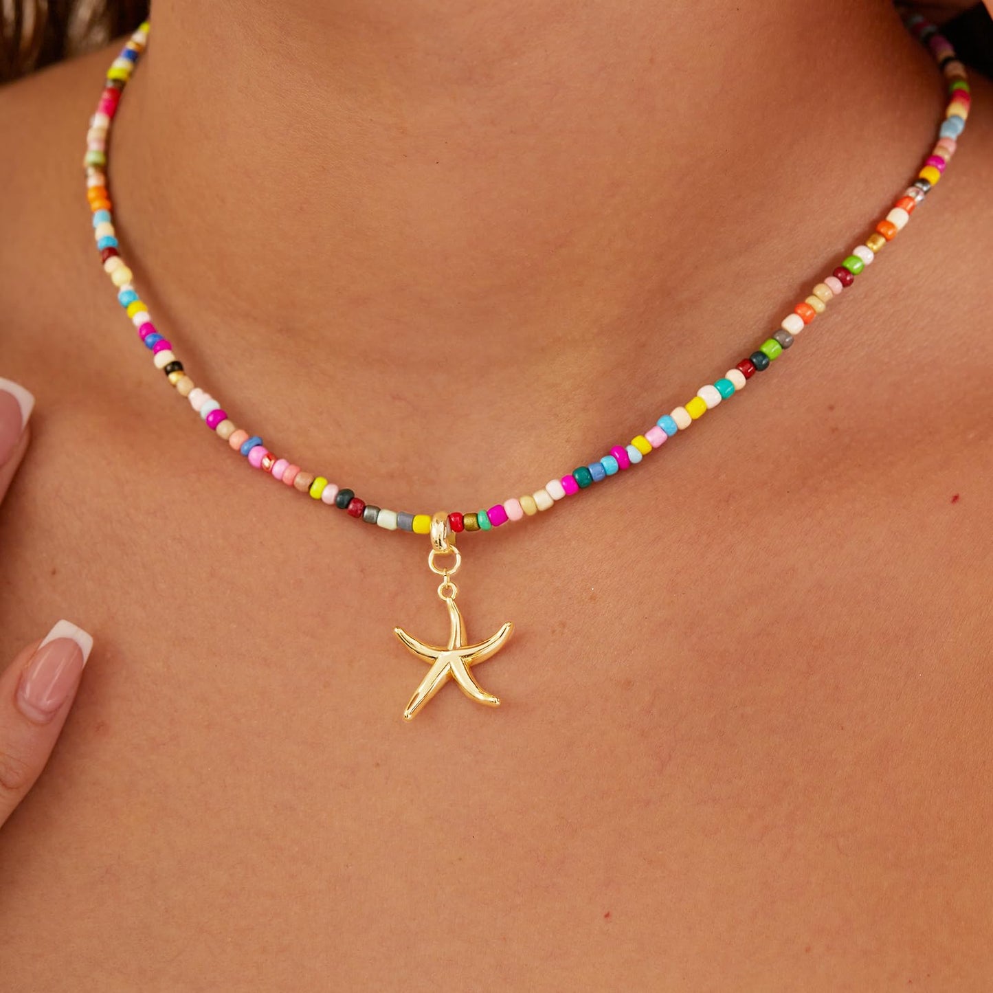 Plenky Gold Necklace for Women-Colorful Beaded Necklaces 14K Gold Plated Bohemian Choker Starfish Beachy Jewelry for Women Gifts