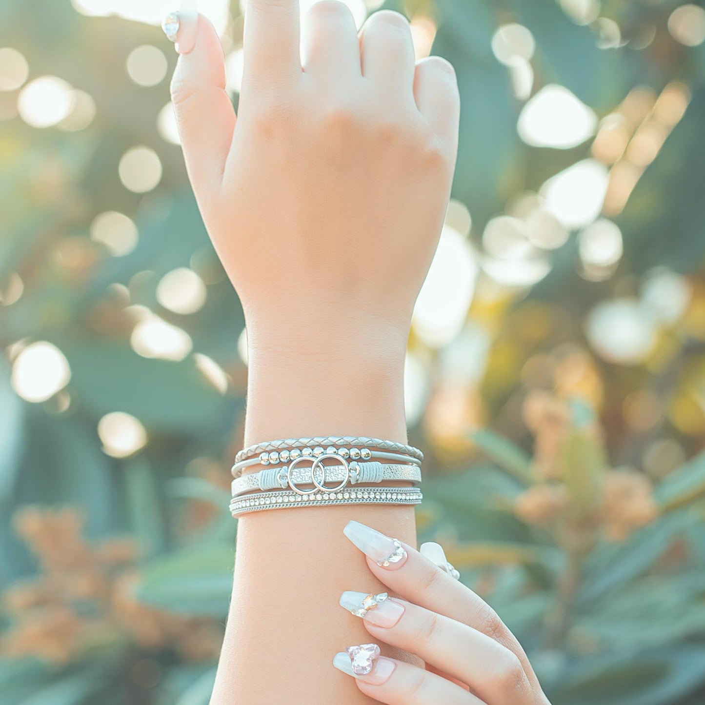 FANCY SHINY Boho Leather Wrap Bracelet Stackable Beaded Infinity Chunky Cuff Bracelets with Magnetic Clasp Western Hippie Outfits Jewelry Gifts for Women(Silver)