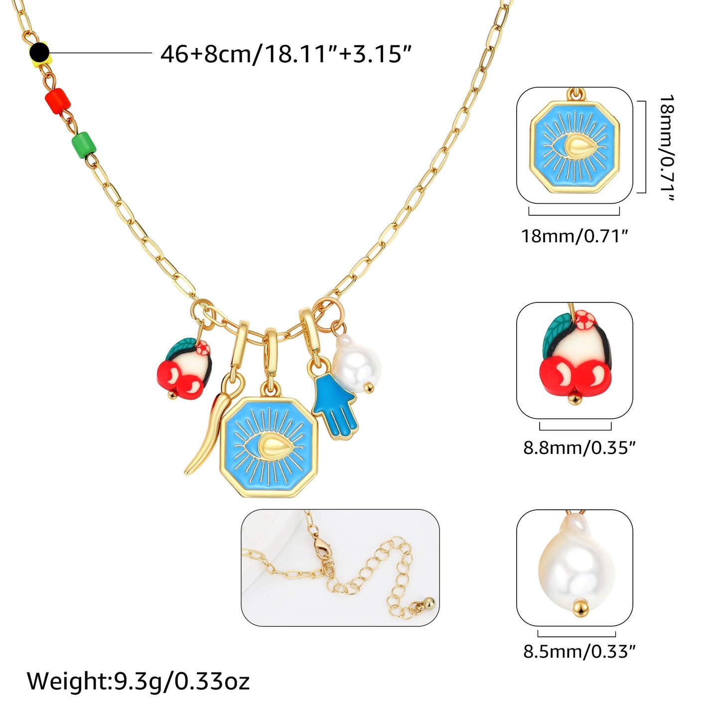 BONJOULRY Charm Necklace for Women Dainty Gold Evil Eye Pendant Protection Necklace Paperclip Chain Italian Horn Hamsa Hand Pearl Charms Necklaces Trendy Jewelry Blue