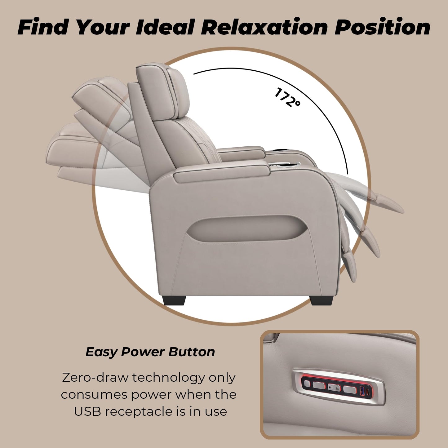 Signature Design by Ashley Boyington Contemporary Leather Match Power Recliner with Adjustable Headrest, Cup Holders, USB Port and Air Massage System, Light Gray