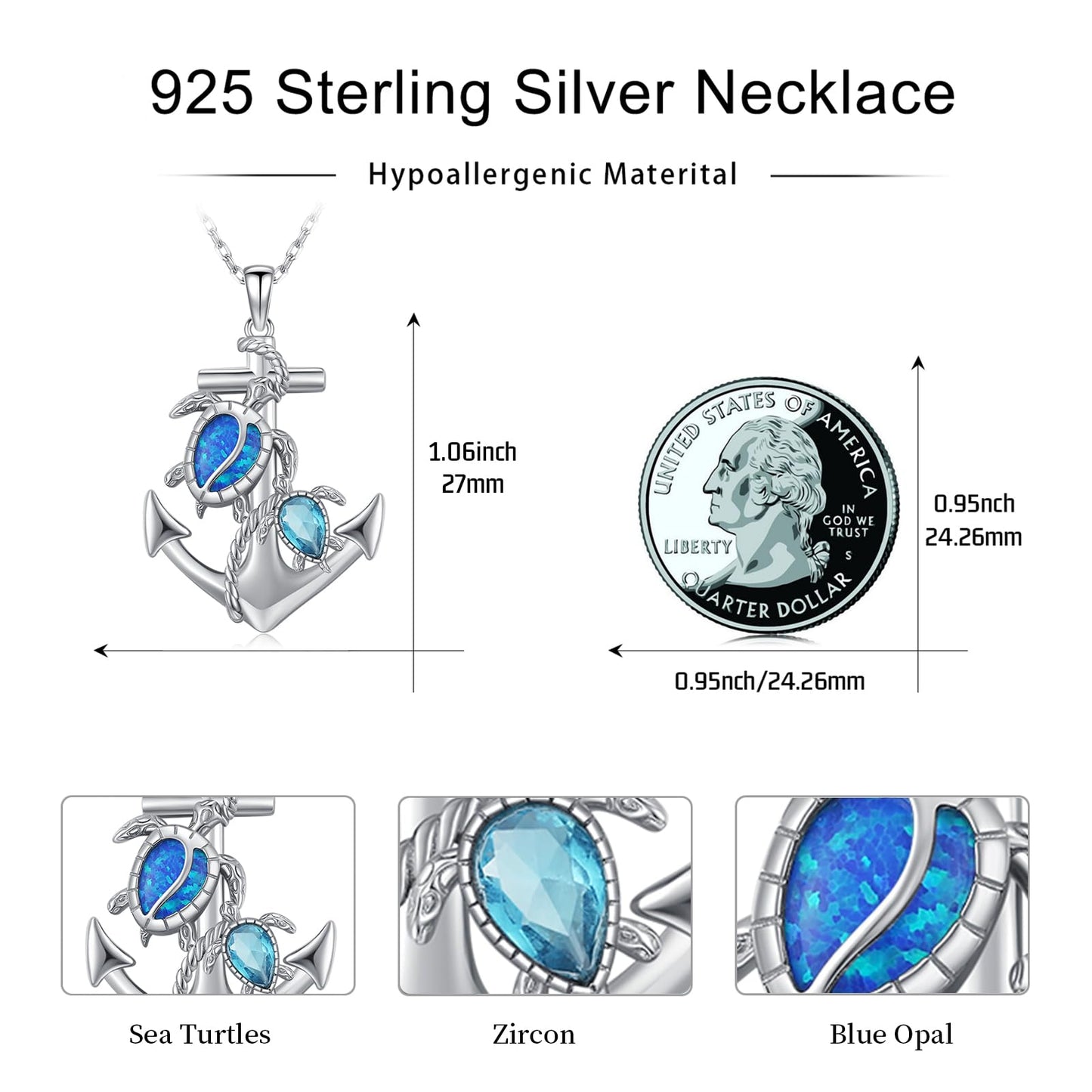 KoyeKei Sea Turtle Necklaces for Women 925 Sterling Silver Anchor Sea Turtle Necklaces Nautical Pendant with Blue Opal Ocean Beach Themed Jewelry Graduation Gifts for Girlfriend Her Lover