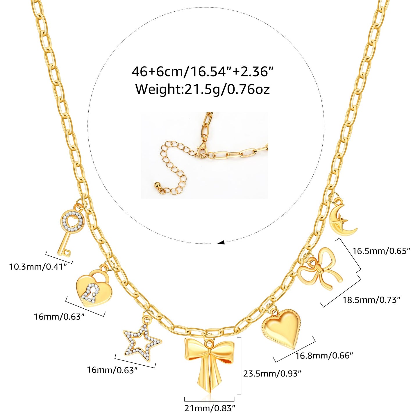 BONJOULRY Charm Necklace for Women Gold Cute Key Lock Bow Ribbon Knot Heart Star Moon Pendant Necklace Dainty Paperclip Chain Charms Choker Necklace Y2K Preppy Christmas Jewelry Bowknot