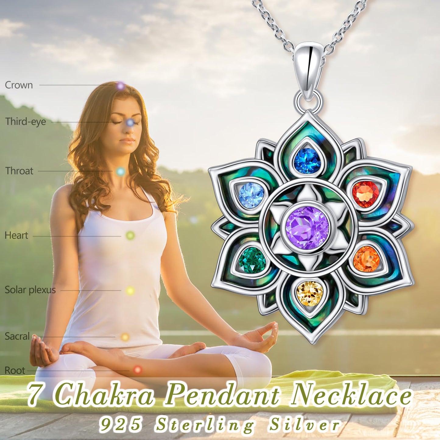 FLYOW 7 Chakra Necklace 925 Sterling Silver Lotus Flower Abalone Shell Yoga Energy Balance Pendant Spiritual Healing Jewelry Birthday Gifts for Anxiety Stress Relief Balancing Meditation
