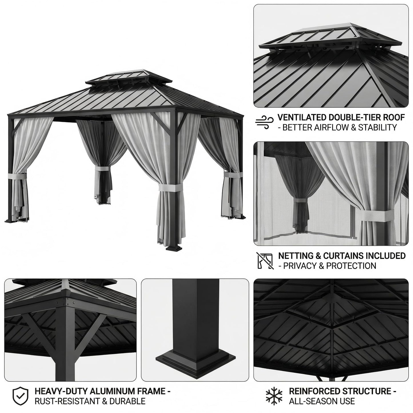 IRONCK 12'x10' Hardtop Gazebo, Update Aluminum Frame Gazebo with Galvanized Steel Double Roof, Outdoor Pergola with Curtain and Net, Backyard Canopy for Garden, Deck, Gray and Black