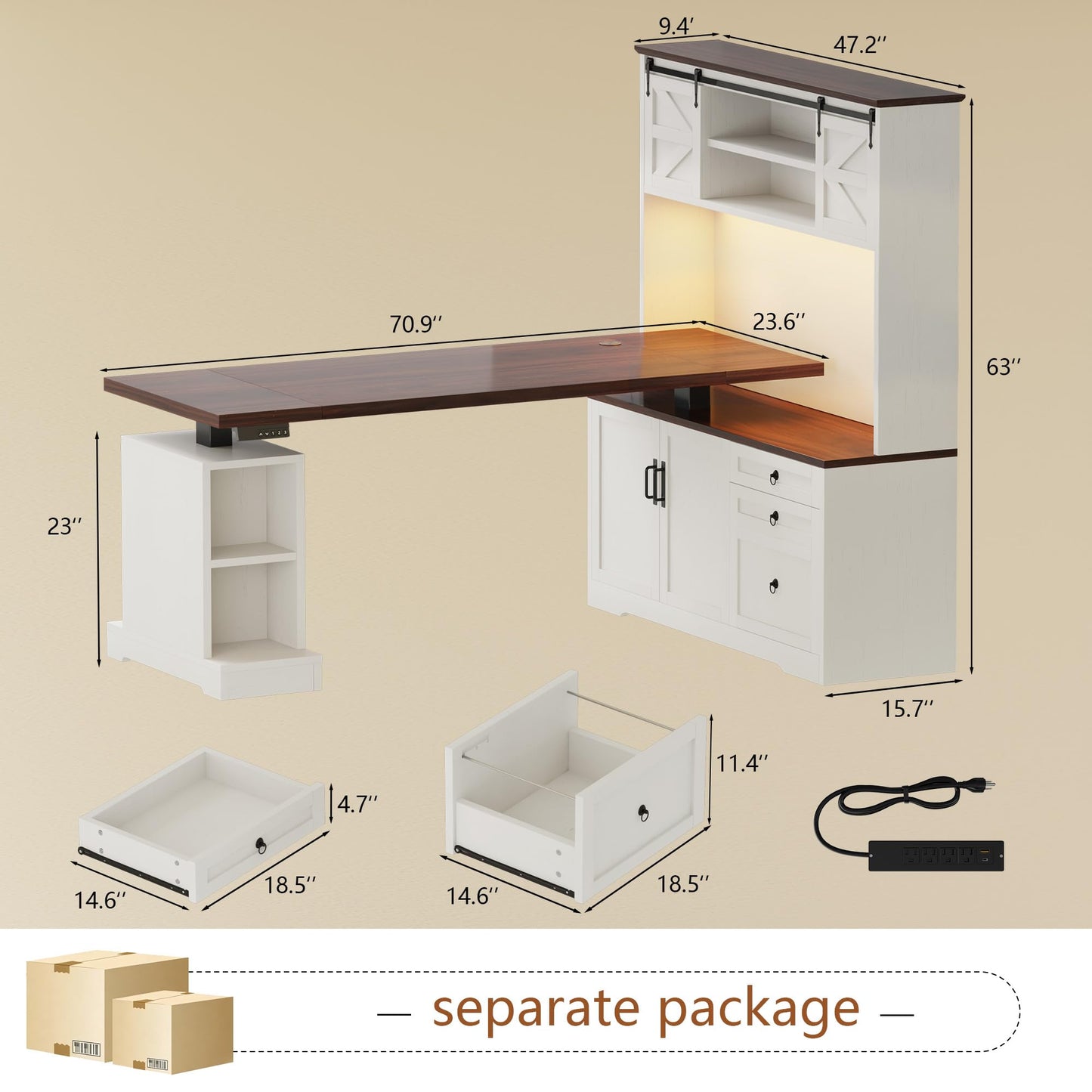 Homiflex 71" L Shaped Electric Standing Desk with Hutch and 3 Drawers, Farmhouse Height Adjustable Sit Stand Desk, Large Corner Computer Desk with File Cabinet, Power Outlets & LED Lights, White