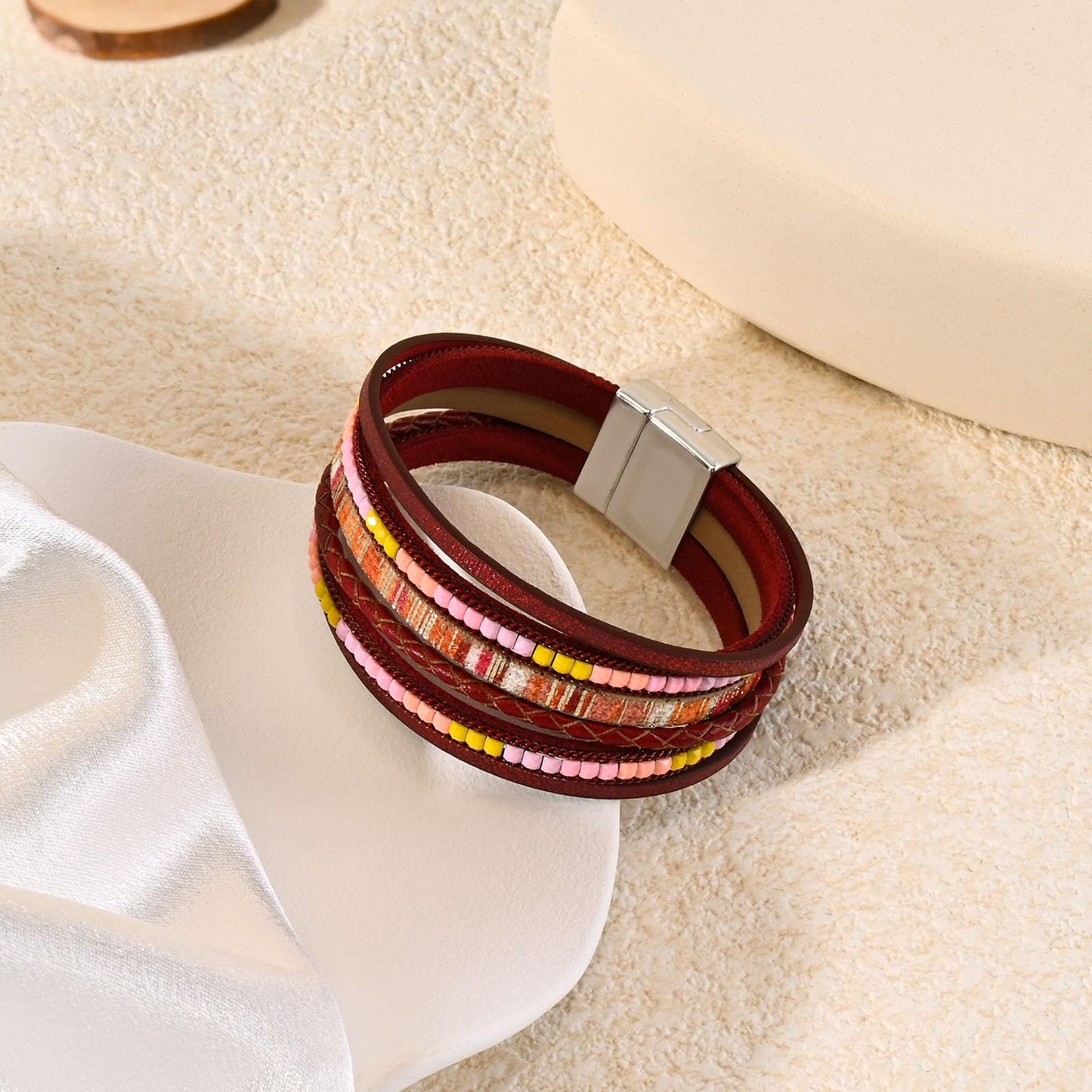 VIBILIA Boho Leather Wrap Bracelets for Women Trendy Layered Multi-Layer Bracelets with Strong Clasp Jewelry for Women - Red