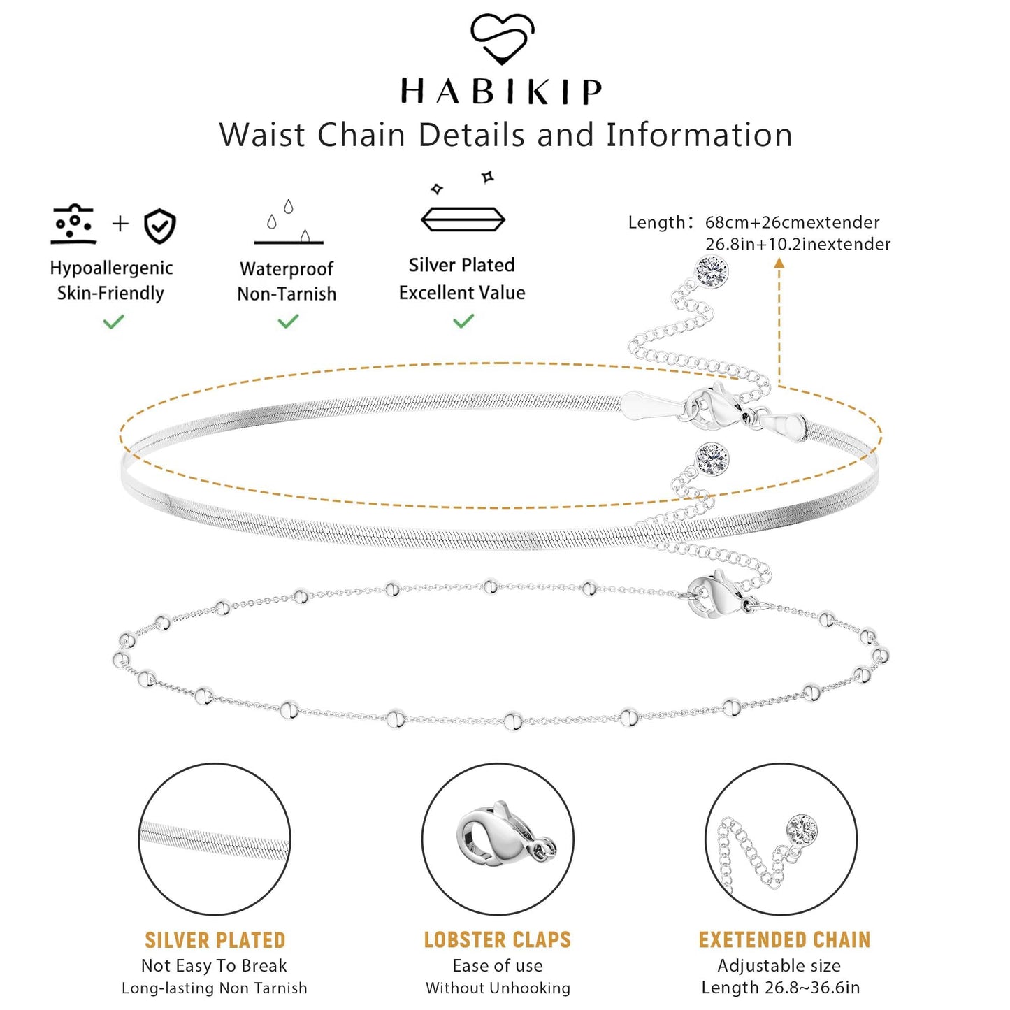HABIKIP Silver Plater Waist Chain for Women, Layered Silver Plater Belly Belt Chain Sexy Bikini Beach Satellite Waist Beads Chain Adjustable Snake Body Chain Waterproof Jewelry Accessories for Women