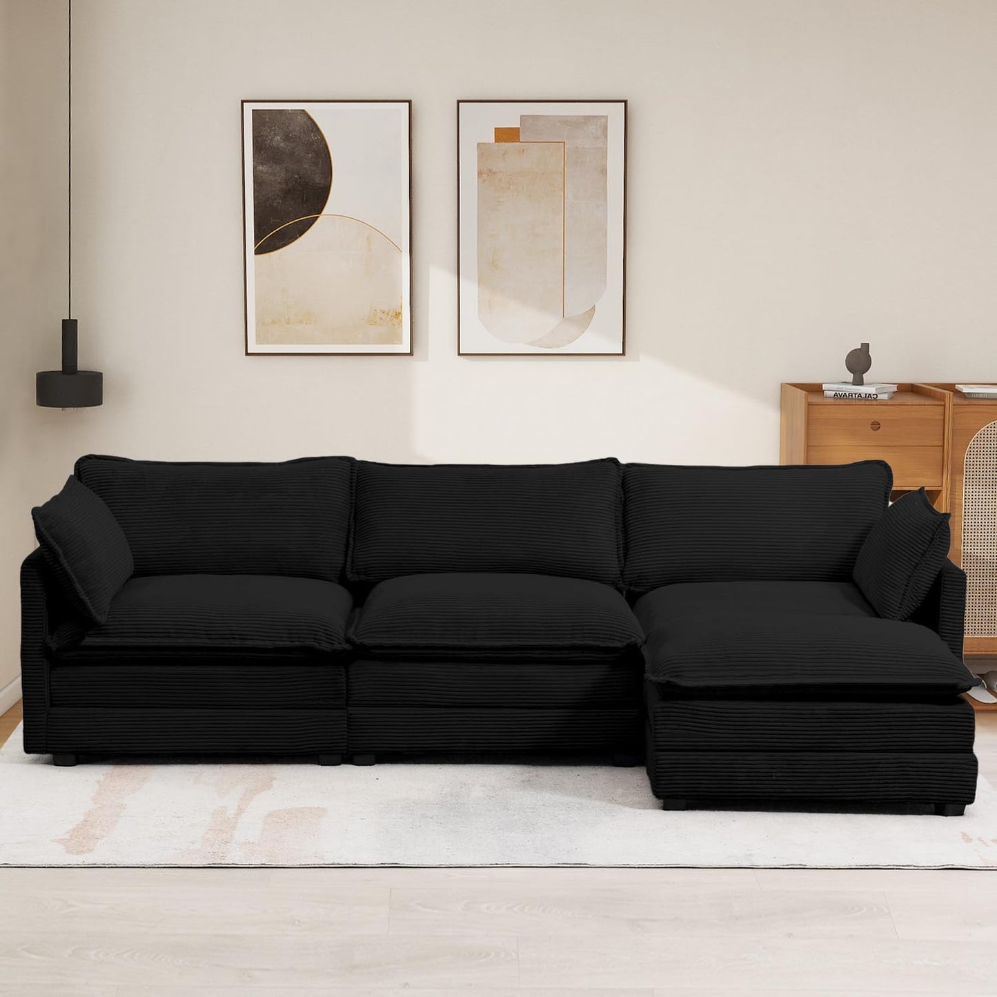 112'' Sectional Modular Cloud Couch, Oversized L Shaped 3 Seat Sofa with Movable Ottomans, 2 Throw Pillows, Upholstered Corduroy L Shape Comfy Deep Couches for Living Room and Office, Black