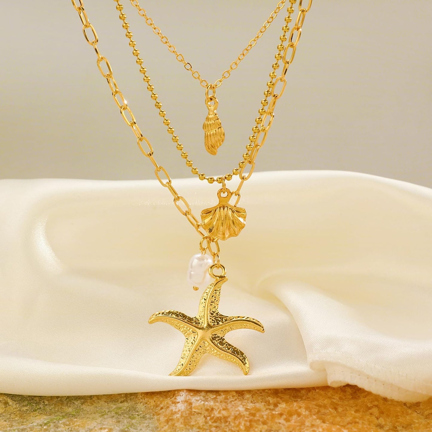 KummerSaprk Seashell Necklace Summer Vacation Jewelry for Women Gold Beachy Necklace Stack Starfish Flower Cowrie Sea Shell Pendant Necklaces Summer Essentials Accessories Gifts