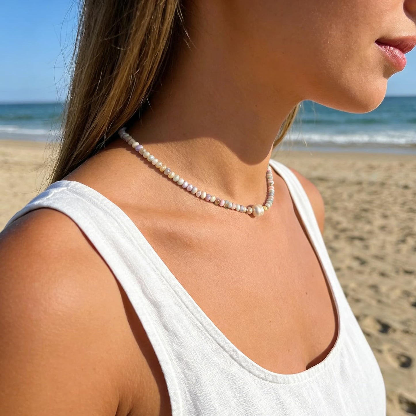 ERNAULO Beaded Necklaces for Women Seashell Beach Necklace with Freshwater Pearl 14K Gold Plated Boho Summer Handmade Jewelry CK-Seashell-mixcolor