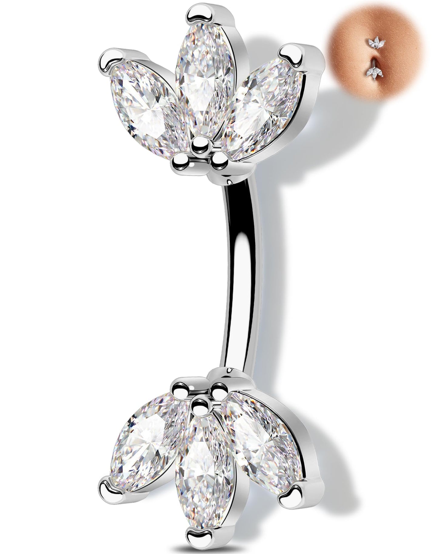Melighting 14G Lotus Belly Button Ring, Double CZ Navel Ring 316L Surgical Stainless Steel Marquise 5A CZ Steel Belly Bar 8 mm