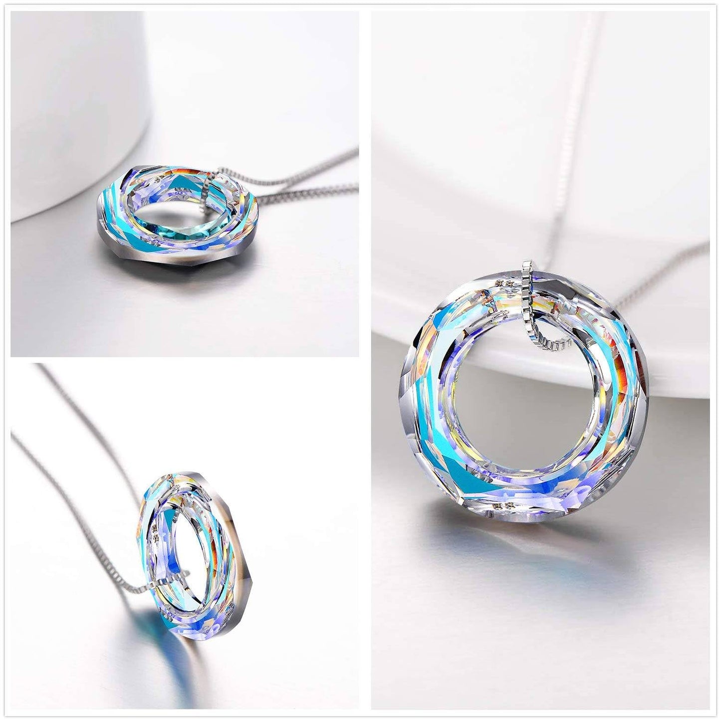 AOBOCO 925 Sterling Silver Circle Necklace with Austrian Crystal, Jewelry for Women Birthday Gift Christmas Holiday Gift（Dia 0.55" Circle AB）