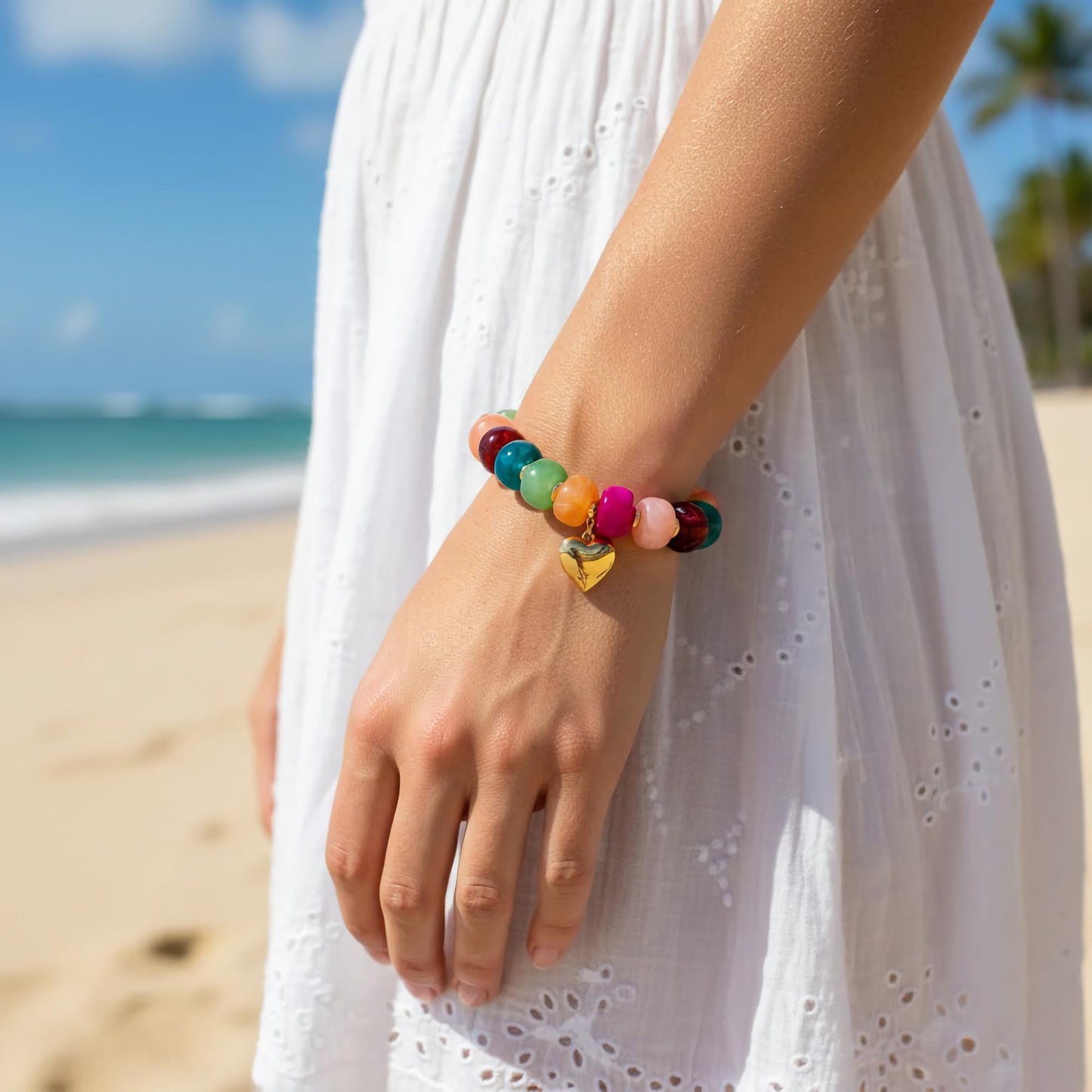 ENSKEFEN Colorful Beaded Heart Bracelets for Women Trendy Multicolor Acrylic Resin Beads Bracelet Statement Heart Charm Bracelet Boho Summer Jewelry