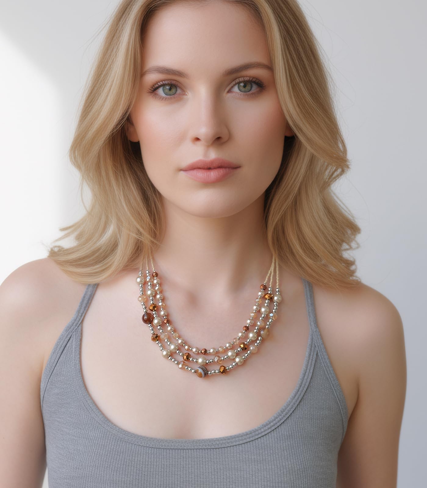Noessla Beaded Statement Necklaces for Women Layered Chunky Bead Necklace Fashion Costume Jewelry Gifts for Mom(Champagne Brown)