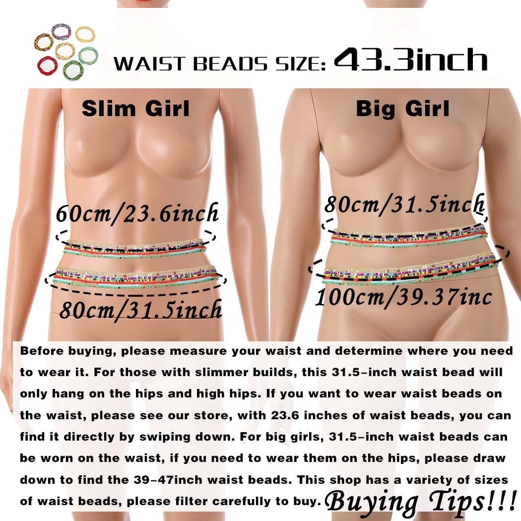 ELABEST Plus Size African Waist Beads Chain Layered Belly Body Chain Beach 7Pack Waist Jewelry Body Accessories for Women and Girls (43.3inch/110cm)