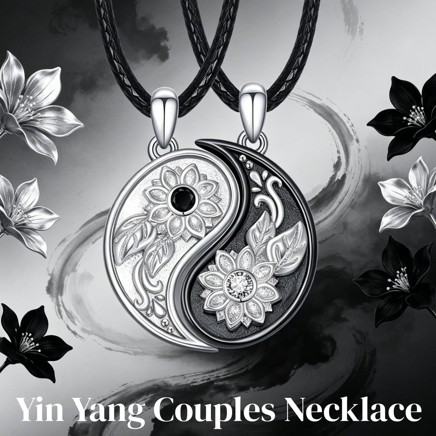 OHAYOO Yin Yang Couples Necklace, 925 Sterling Silver Sunflower Pendant, Yin Yang Couples Matching Necklace, Natural Jewelry for Women Men