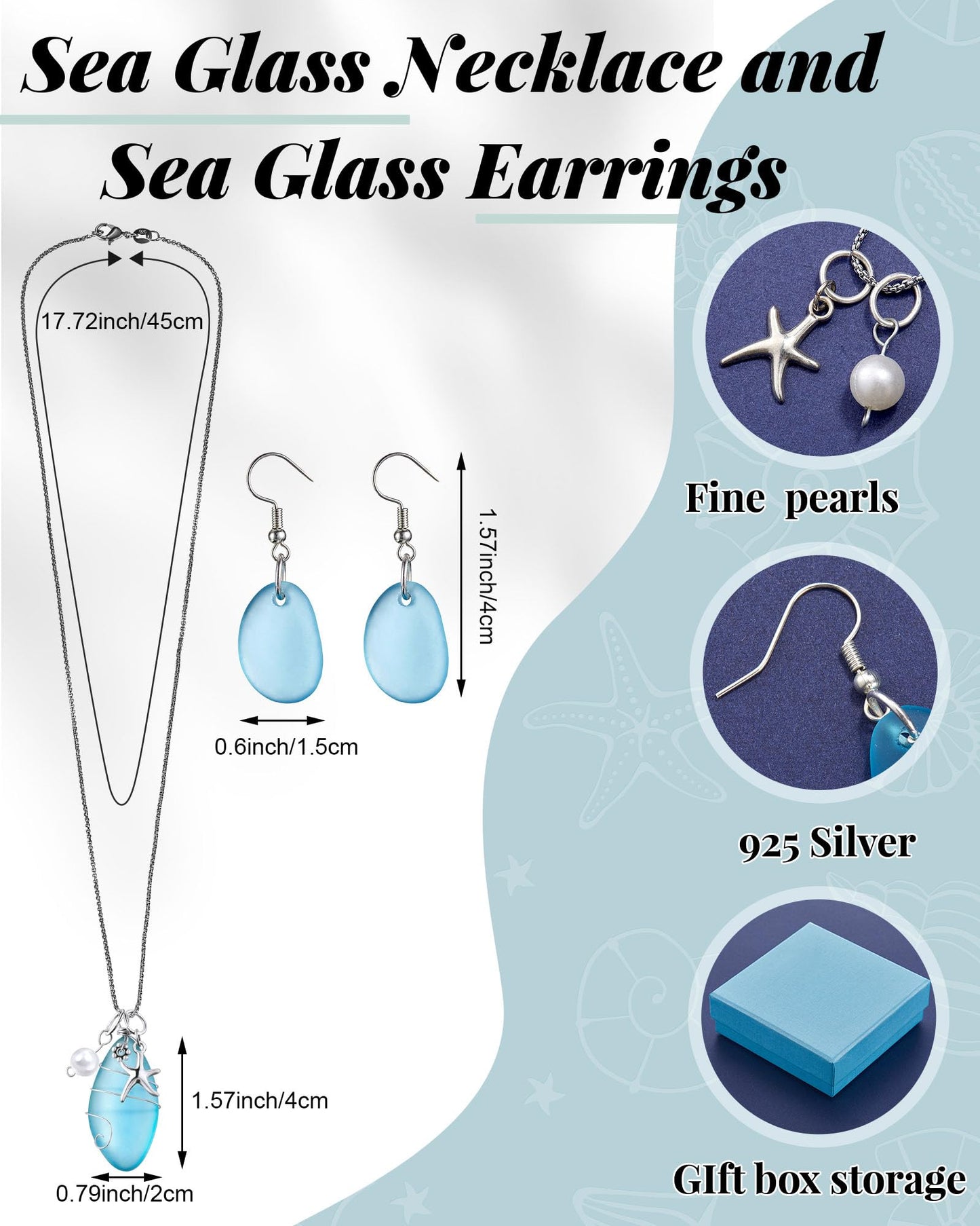Yinkin 2 Pcs Sea Glass Jewelry Necklace Earrings Sea Glass Gift Set Starfish Ocean Beach Themed Necklace Blue Freshwater Pearls Earring Handmade Jewelry with Gift Box for Women Girls