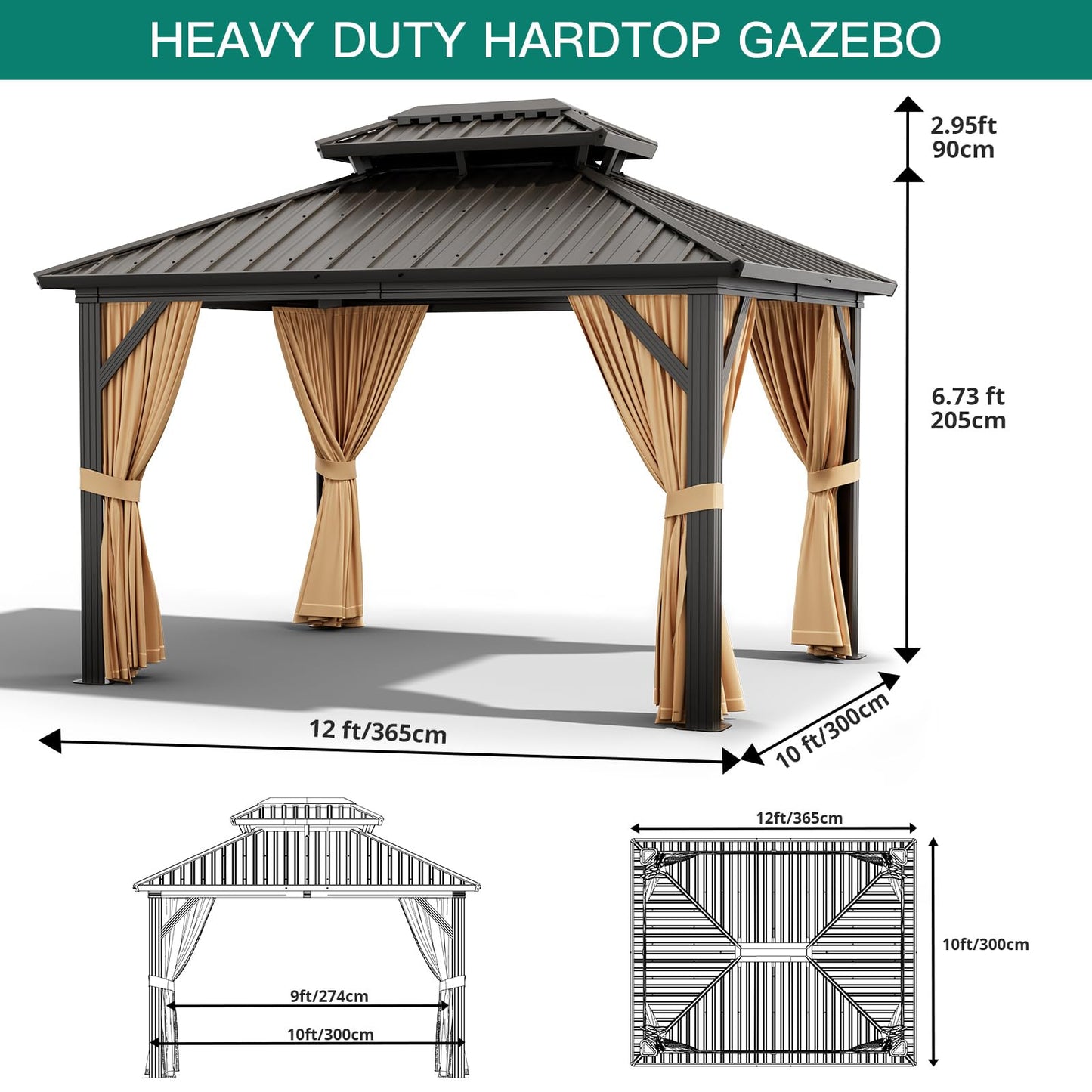 12'x10' Hardtop Gazebo, Heavy Duty Aluminum Permanent Hardtop Gazebo Outdoor Pavilion with Curtains and Netting for Garden