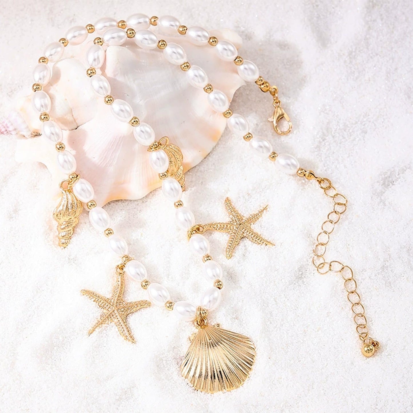 Frodete Starfish Necklace for Women Beach Necklaces Jewelry Layered Choker Drop Dangle Summer Vacation Outfits Theme Conch Seashell Accessories Ocean Pendant Dress Costume