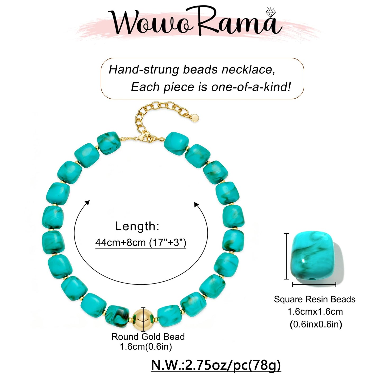 WOWORAMA Chunky Choker Necklaces for Women Trendy Chunky Beads Statement Necklace Blue Large Square Resin Beaded Necklace Boho Summer Jewelry