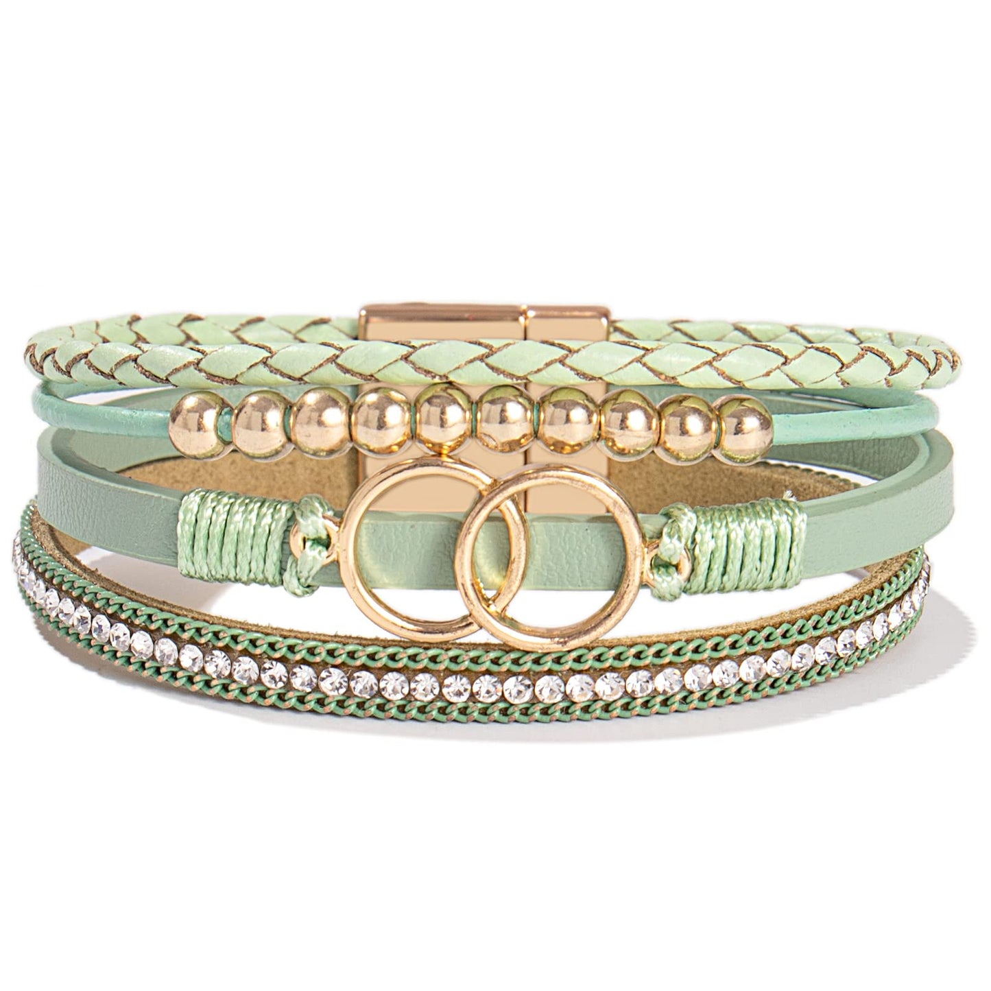 FANCY SHINY Boho Leather Wrap Bracelet Stackable Beaded Infinity Chunky Cuff Bracelets with Magnetic Clasp Western Hippie Outfits Jewelry Gifts for Women(Avocado)
