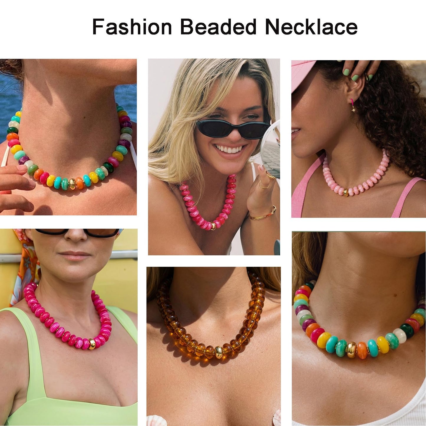 HolidayQbee Beaded Necklace for Women Chunky Beaded Choker Necklace Boho Oval Amber Big Bead Statement Necklaces Fashion Trendy Summer Beach Jewelry Gifts