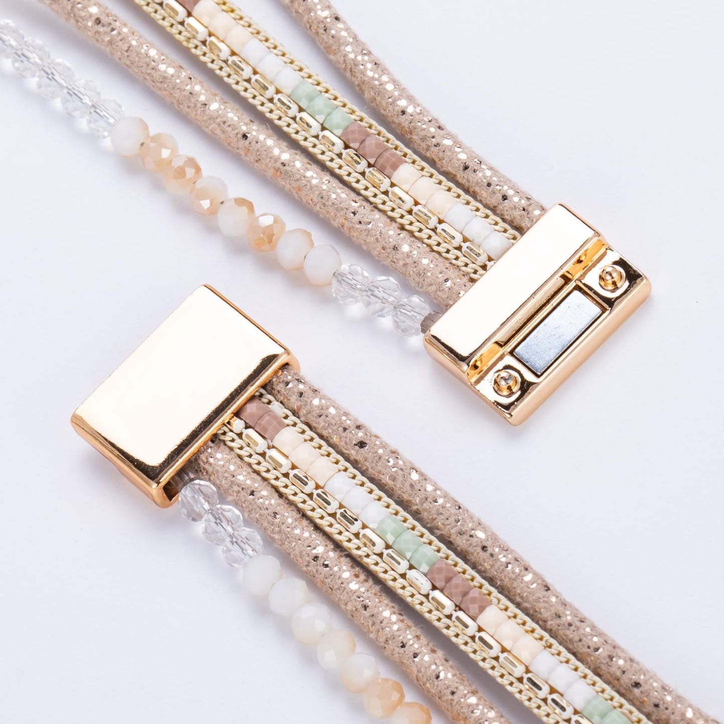 FANCY SHINY Leather Wrap Bracelets Crystal Beads Bracelet Boho Cuff Stone Charm Bracelets with Clasp Costume Jewelry for Women(Beige)