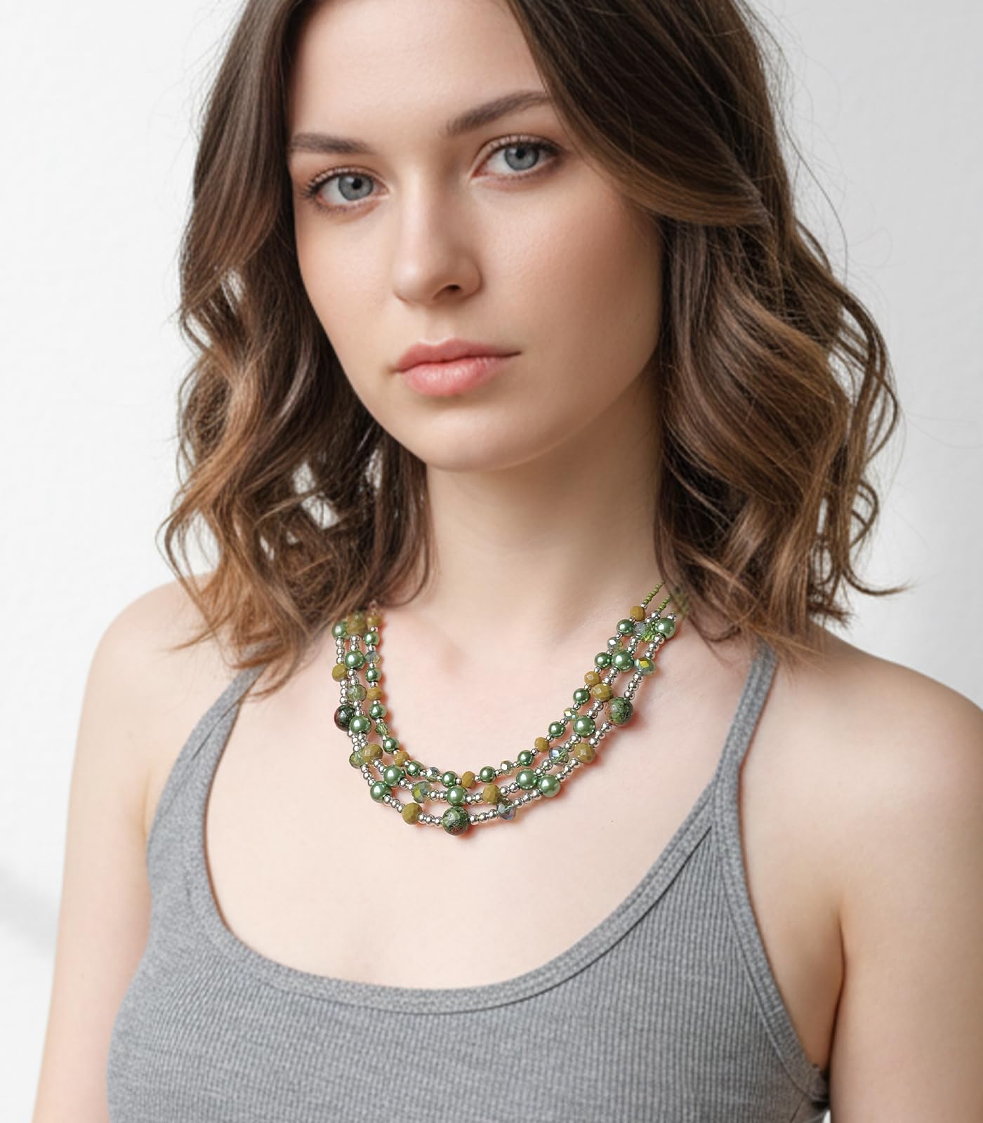 Noessla Beaded Statement Necklaces for Women Layered Chunky Bead Necklace Fashion Costume Jewelry Gifts for Mom(Green)