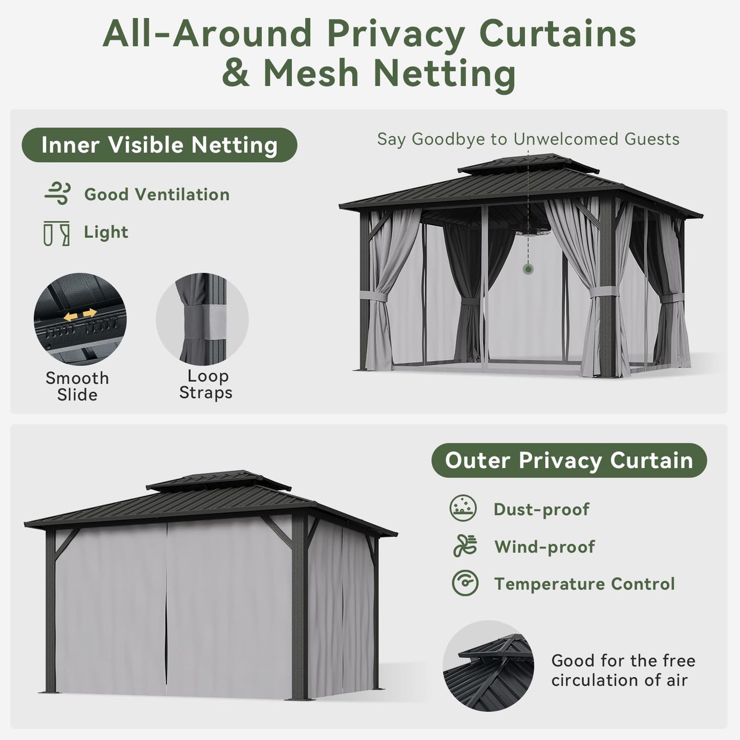 Aoxun 10'x12' Hardtop Gazebo, Aluminum Frame Canopy with Double Galvanized Steel Roof, Outdoor Metal Pavilion with Netting Curtains and 20 inch Ceiling Fans with Lights for Backyard, Patio and Deck