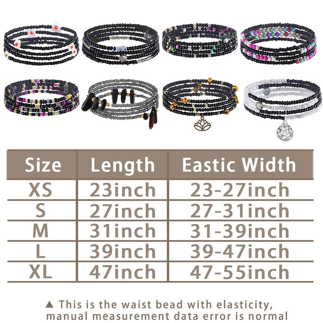 ELABEST 24-39inch African Waist Beads for Women 8Pcs Elastic Belly Beads Colorful Beaded Waist Jewelry Accessories Body Chain (Black, 27.5inch/70cm)