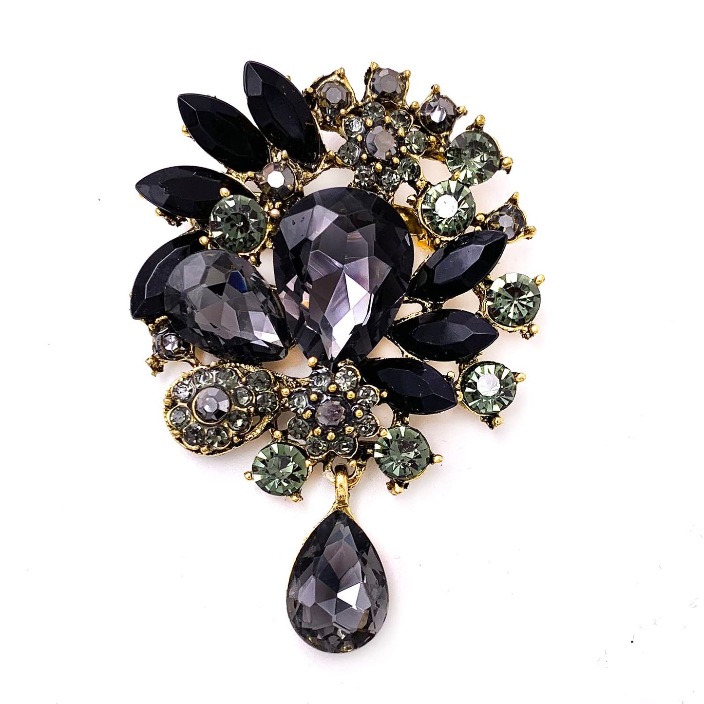 LAXPICOL Wedding Bridal Big Black Crystal Rhinestone Bouquet Teardrop Brooch Pin for Women Golden Tone