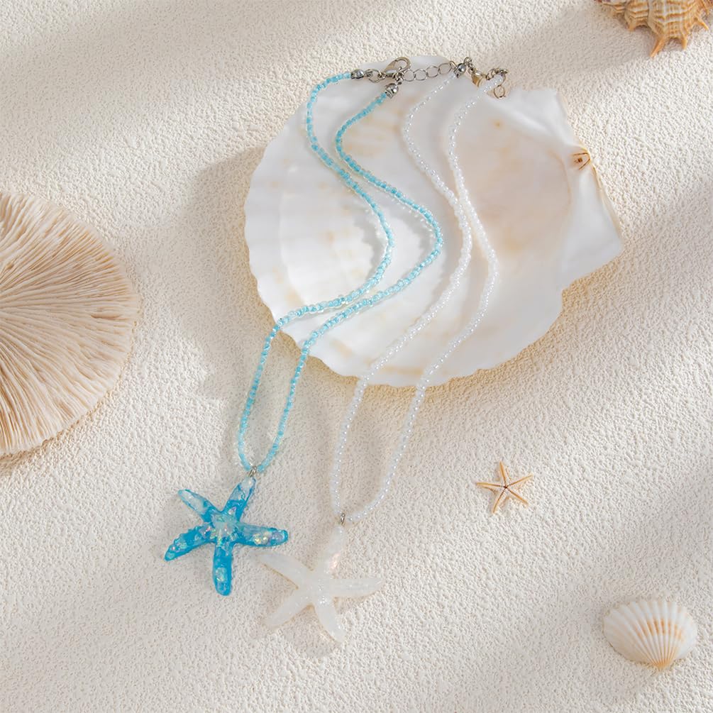 Douxsu 2Pcs Layered Boho White Blue Starfish Necklace for Women, Delicate Sea Star Pendant Hawaiian Small Beaded Chain Necklace Y2k Beach Ocean Beachy Jewelry (White-Blue)