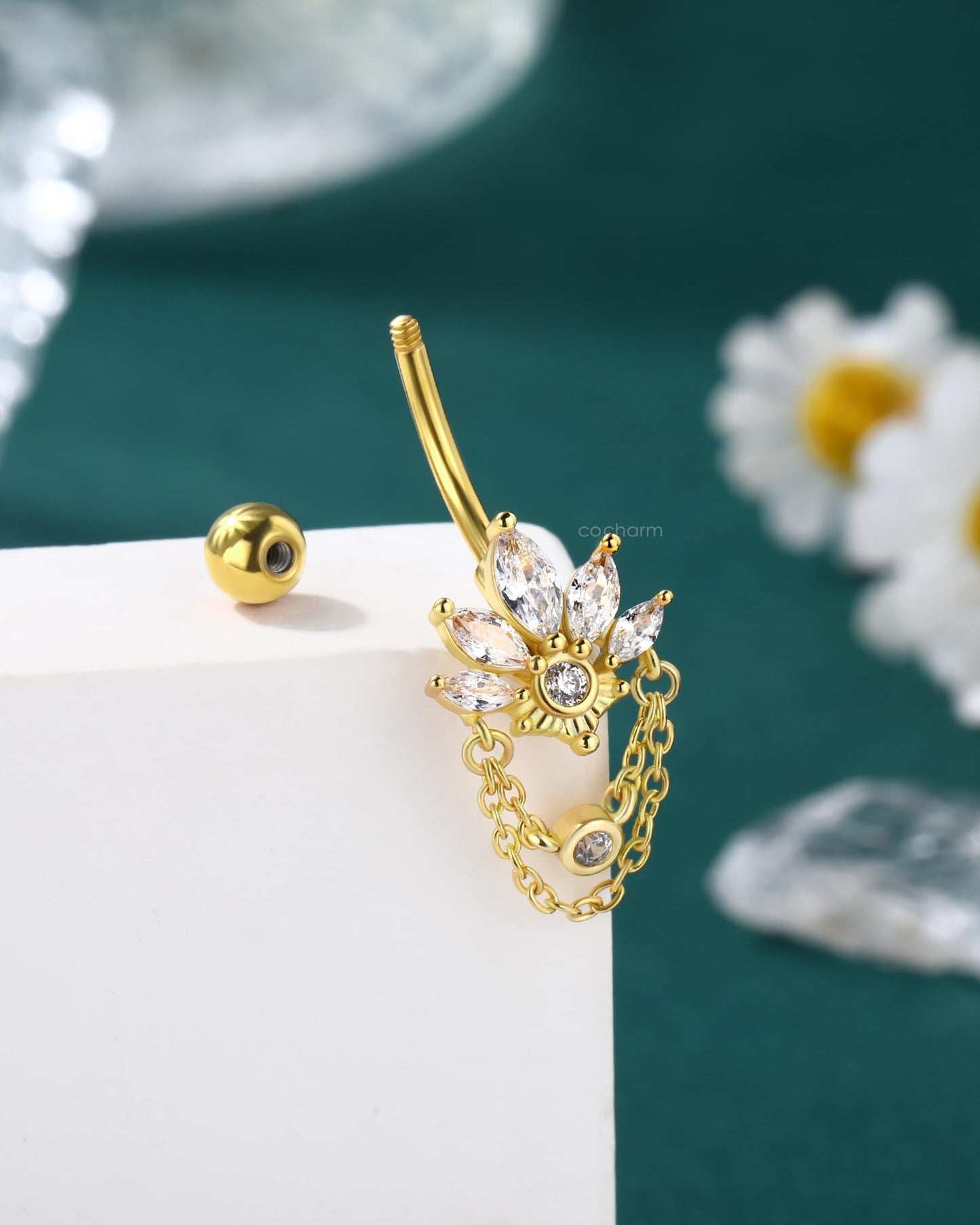 COCHARM 14G Lotus Belly Button Rings Dangle Gold Belly Navel Rings for Women Surgical Steel Navel Piercing jewelry