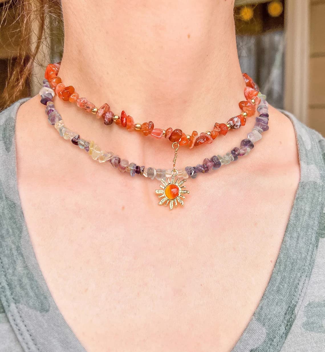 POTESSA Natural Chip Stone Choker Necklace Irregular Rainbow Fluorite Beads Healing Crystal Necklace for Women