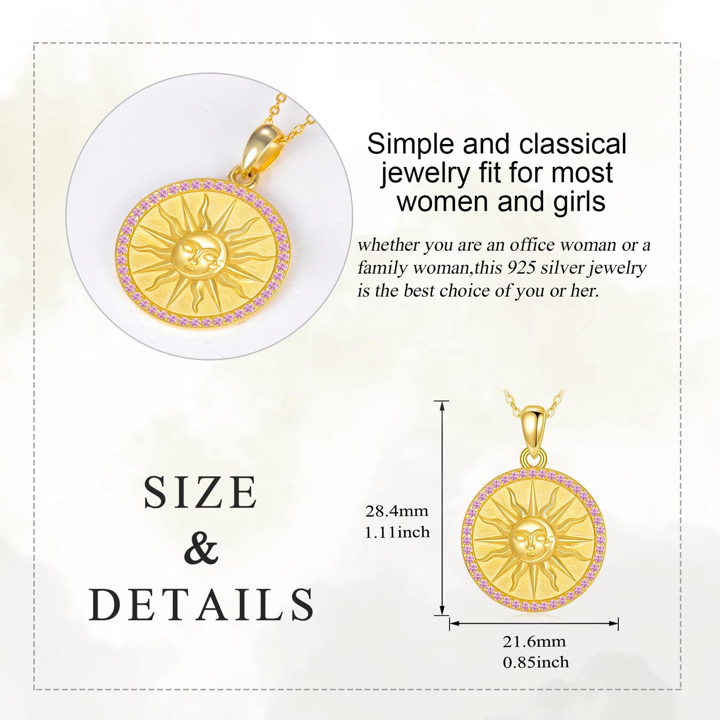 KQF Birthstone Sun Necklace for Women 925 Sterling Silver Sun and Moon Gold Plated Coin Pendant October Jewelry Gift