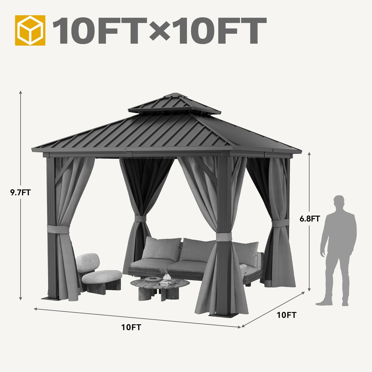 DWVO 10x10ft Hardtop Gazebo Double Roof with Nettings and Curtains, Heavy Duty Galvanized Steel Outdoor Vertical Stripes Roof for Patio, Backyard, Deck, Lawns, Grey