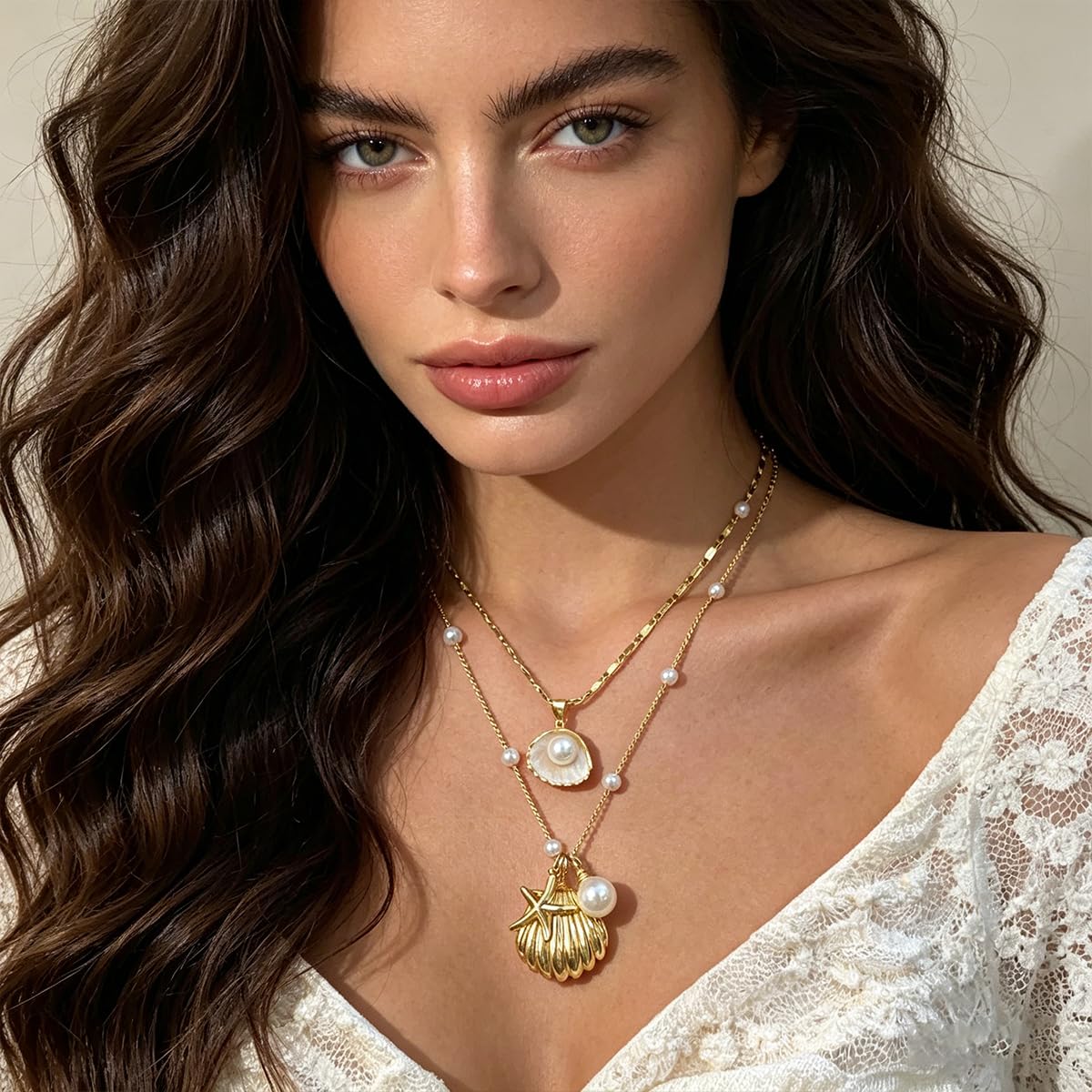 Gold Shell Starfish Necklace for Women Layered Pearl Conch Pendant Necklace Dainty Summer Beach Vacation Boho Jewelry (Gold 2pcs)