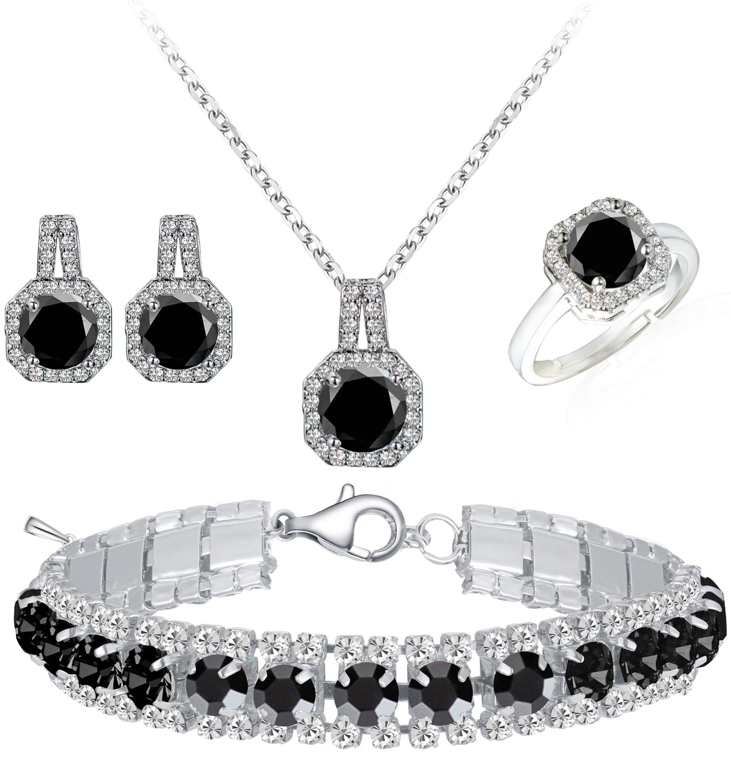 Paxuan Crystal Rhinestone Wedding Jewelry Sets Bridal Pendant Necklace Stud Earrings Link Bracelets Rings Set for Women (Platinum Plated Black Cubic Zirconia)