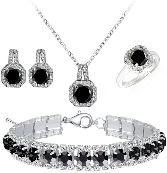 Paxuan Crystal Rhinestone Wedding Jewelry Sets Bridal Pendant Necklace Stud Earrings Link Bracelets Rings Set for Women (Platinum Plated Black Cubic Zirconia)