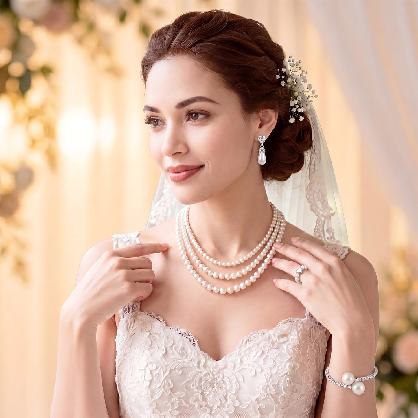 Huwena 15 Pcs Pearl Jewelry Set with Necklace, Earrings, Bracelets and Ring, Pearl Necklaces for Women, Faux Pearls Set Jewelry for Wedding Bridal Shower Christmas Tea Party