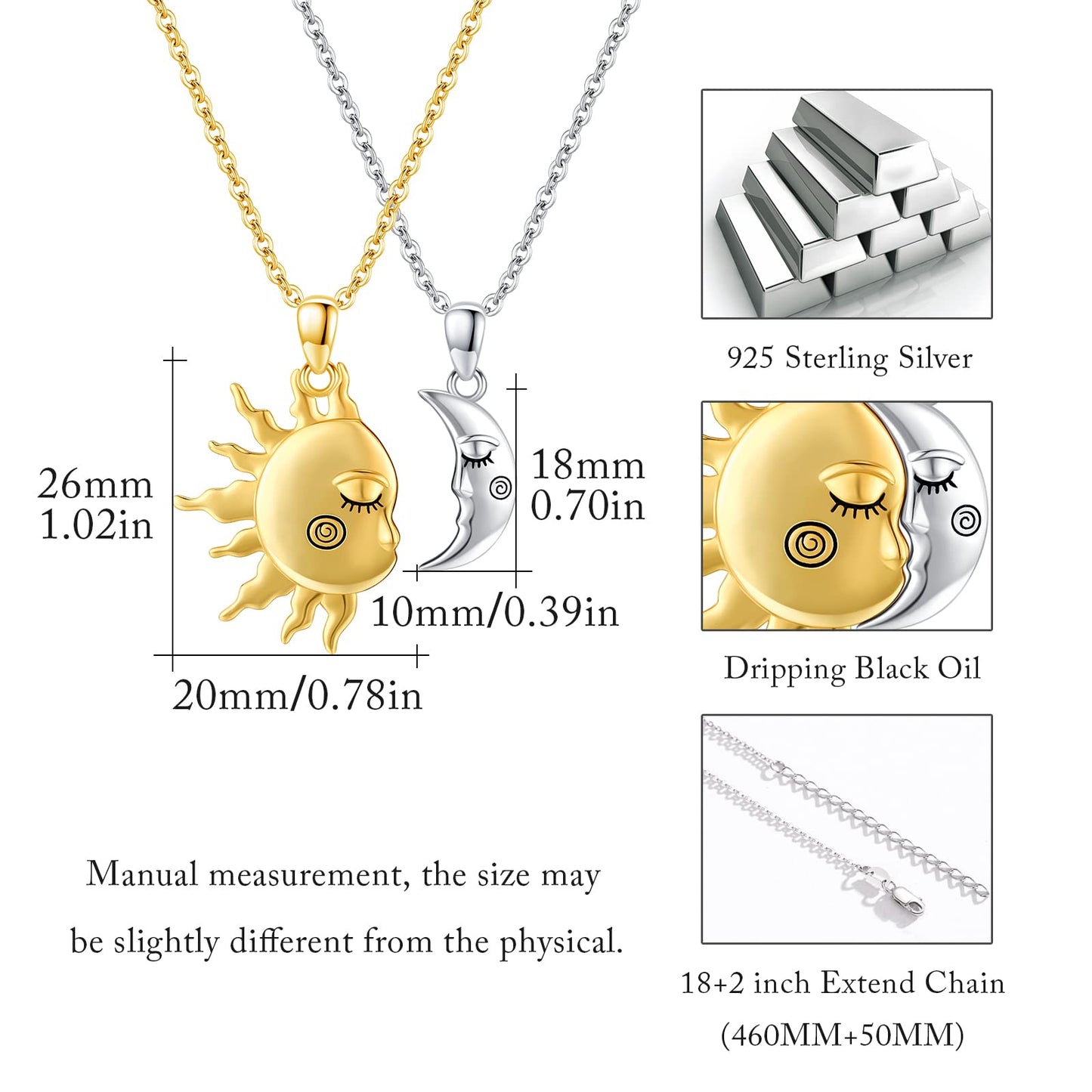OHAYOO Sun Moon Couples Necklace, 925 Sterling Silver, Unisex Friendship Jewelry for Women Men