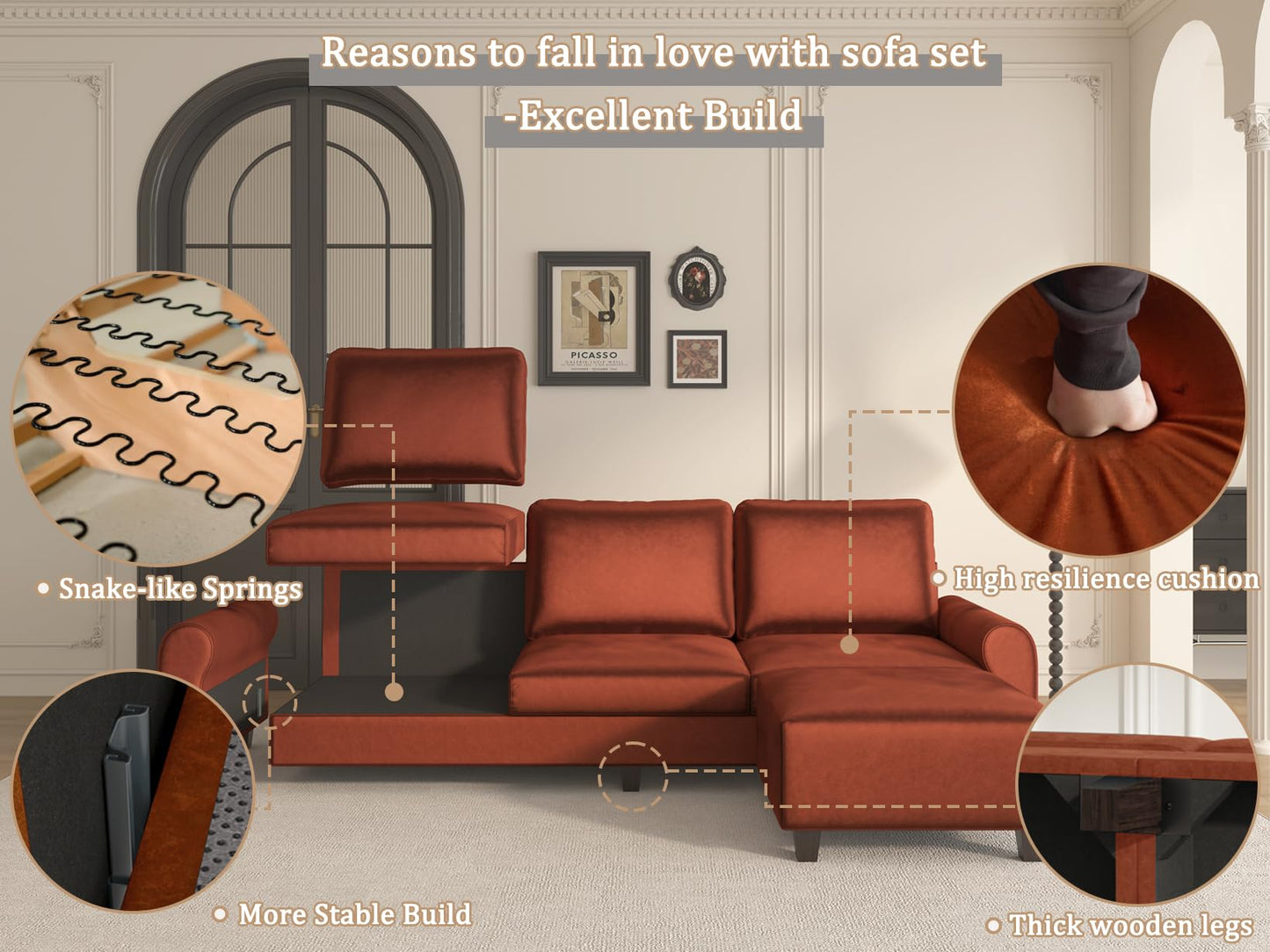 EASE MOOSE Large Seat Velvet L-Shaped Sofa, Soft 4 Seat Couch with Reversible Chaise, Comfy Sectional Modular Sofa with Removable Washable Covers for Living Room and Small Space, Caramel