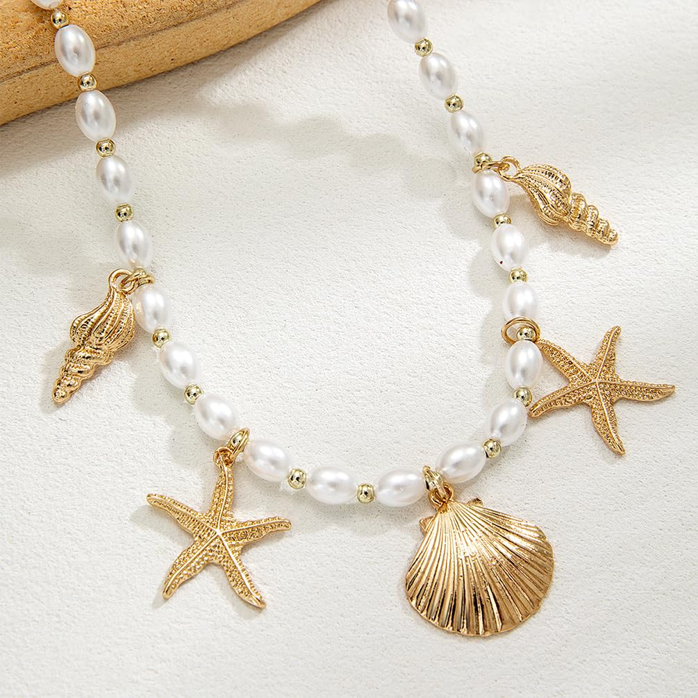 Dainty Gold Starfish Conch Oval Pearl SeaShell Necklace for Women Trendy, Statement Boho Shell Pearls Beaded Chain Necklaces Holiday Beach Party Jewelry (Gold)
