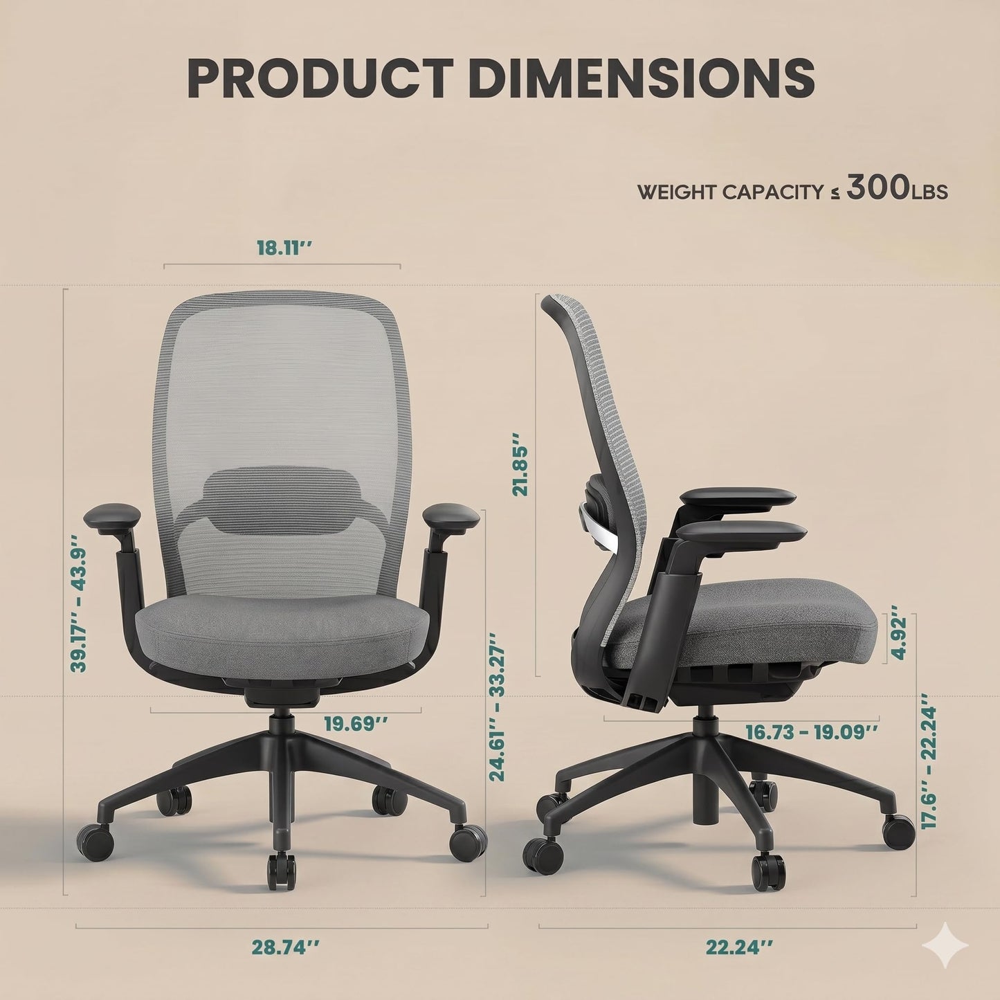 COLAMY Office Chair for Long Hours, Easy Wire-Control Desk Chair with Sliding Seat Depth & Thick Padded Lumbar Support, Heavy Duty 300 LBS High Back Mesh Computer Chair for Home Workstation,Grey