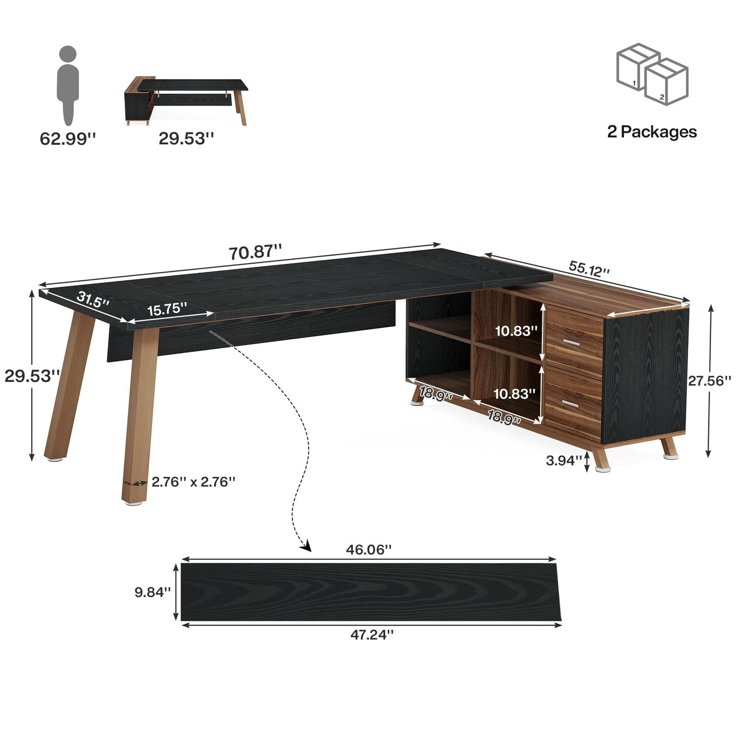 Tribesigns 78.7-Inch Executive Desk, L-Shaped Desk with 55-Inch Cabinet, Large Office Desk with Storage Shelves, Modern Computer Desk for Home Office, Black & Walnut