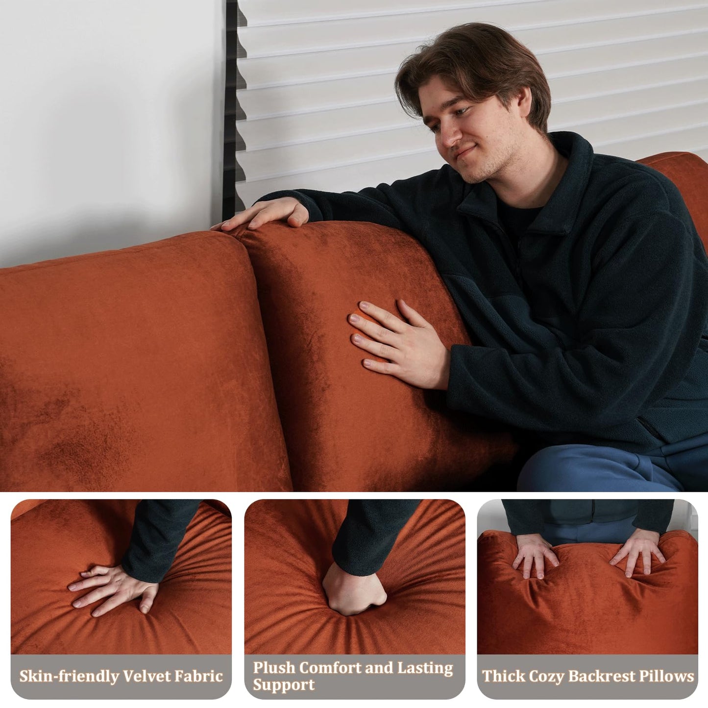 EASE MOOSE Large Seat Velvet L-Shaped Sofa, Soft 4 Seat Couch with Reversible Chaise, Comfy Sectional Modular Sofa with Removable Washable Covers for Living Room and Small Space, Caramel