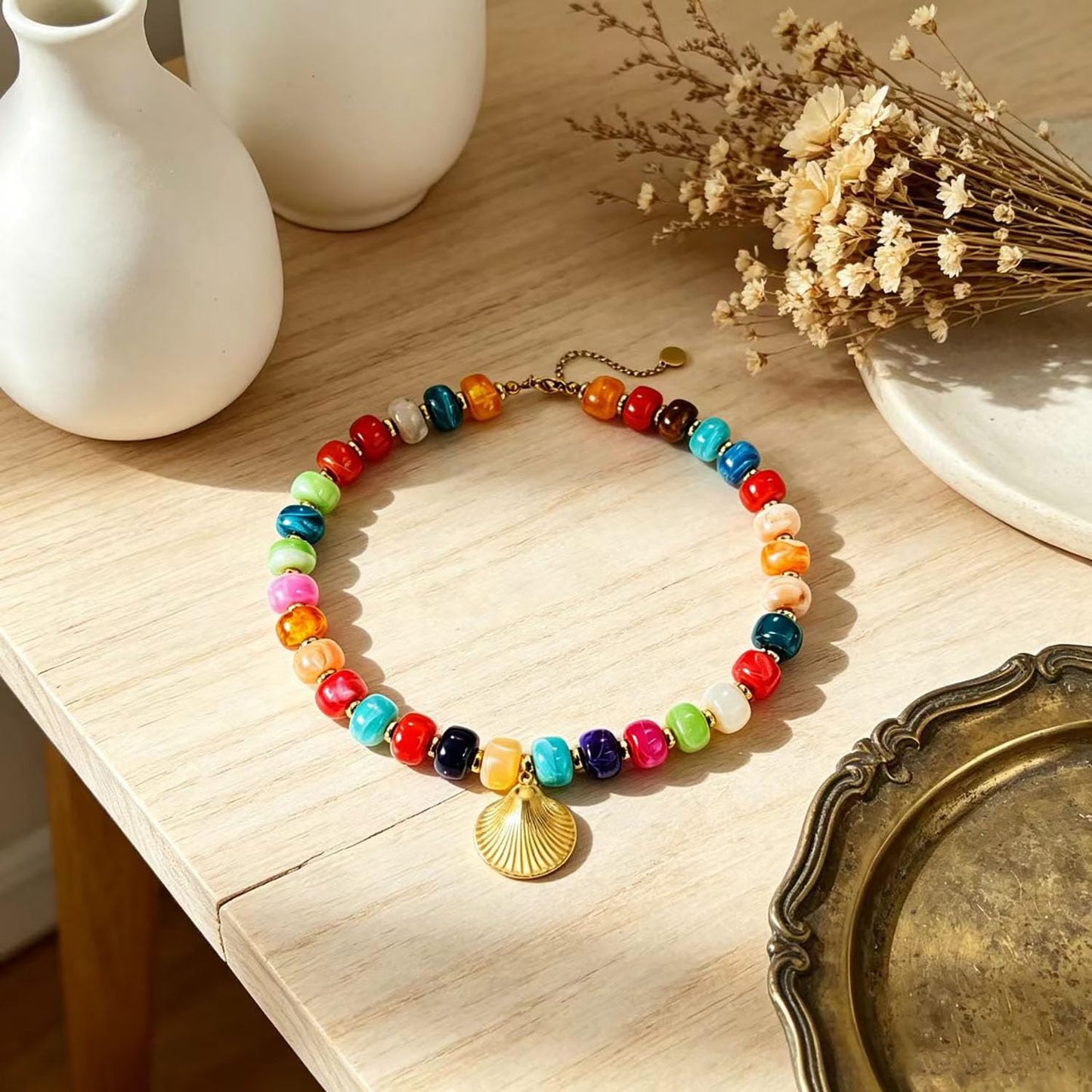 YHGDY Chunky Beaded Starfish Shell Necklace for Women Colorful Boho Bead Choker Necklace Summer Beach Necklace Trendy Chunky Jewelry Gifts (Gold Shell)