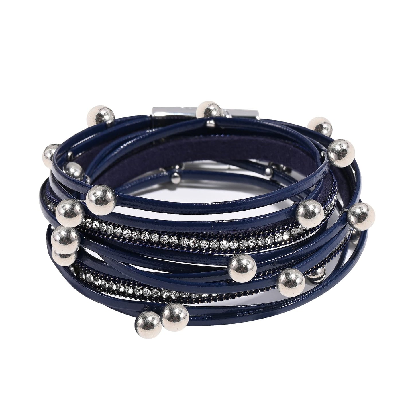VIBILIA Boho Leather Wrap Bracelets for Women Trendy Multi-Layer Crystal Beads Cuff Bracelets with Strong Clasp Jewelry for Women-Blue